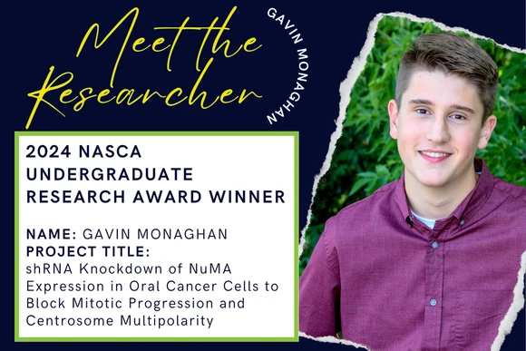 2024 Nasca Undergraduate Research Award Winner  Name: Gavin Monaghan Project Title: shRNA Knockdown of NuMA Expression in Oral Cancer Cells to Block Mitotic Progression and Centrosome Multipolarity