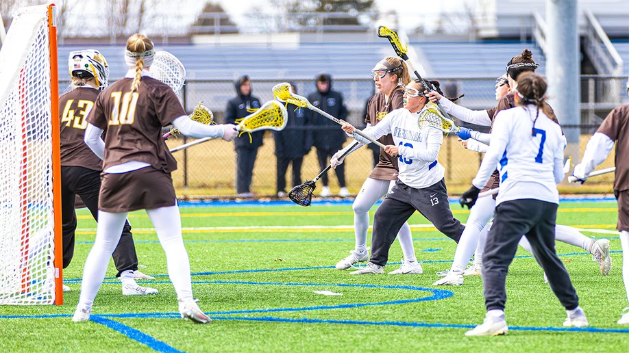 Lacrosse players in action on the field.