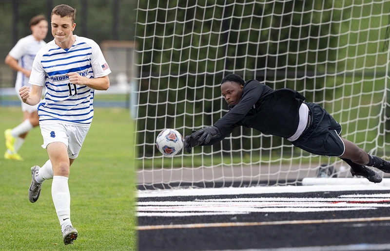 Soccer players Fredonia's Brian Taylor Morrisville's Ronaldo Fatolou in action