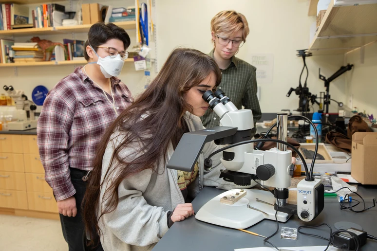 Rachel Echevarria (center), a senior majoring in Environmental Science and Geology, uses a light microscope, with Bea Roof (left), a senior Environmental Sciences major with a minor in Biology, and Jasper Bateman, a sophomore Geology major, in the Fossil