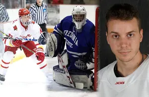 three hockey players, two in action, one portrait