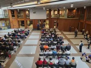 SUNY Fredonia Executive Vice President and Provost David Starrett welcomes some 400 scouts and adult leaders at the University of Scouting event held on the campus.