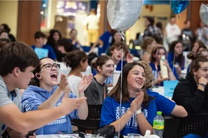 More than 250 students filled the Williams Center Multipurpose Room for Late Night Breakfast, the largest crowd in recent years. Inset photo 9081