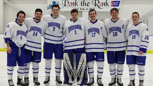 SUNY Fredonia senior hockey players on ice