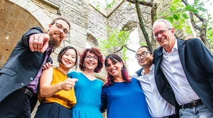 Members of fivebyfive are (from left): Eric J. Polenik (bass), Haeyeun Jeun (piano), Marcy Bacon (clarinet), Laura Lentz (artistic director, flute) and Ken Luk (electric guitar) with Marc Webster (executive director, audio and video artist).