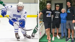 hockey player with teammates and community member