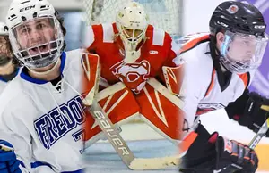 Fredonia senior Todd Schauss (far left) with goaltender Nick Modica (center) and Andrew Logar.