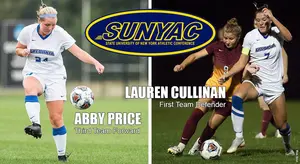 2018 All-SUNYAC Women's Soccer players Abby Price (left) and Lauren Cullinan.