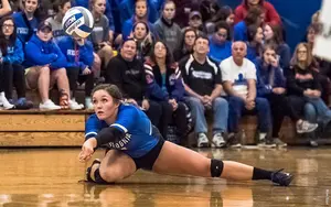 SallyAnne Rudny digs during Fredonia's 3-2 win Tuesday